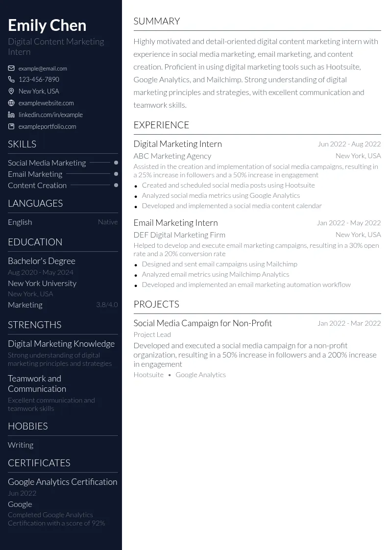 Digital Content Marketing Intern resume example
