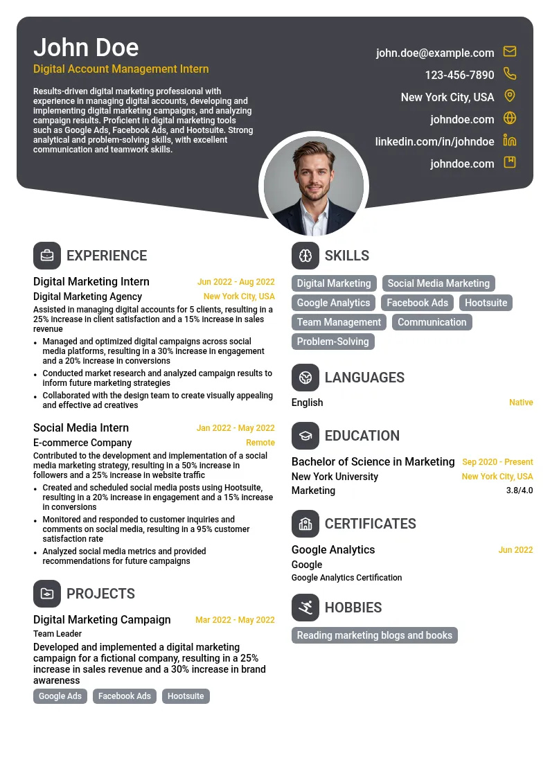 Digital Account Management Intern resume example