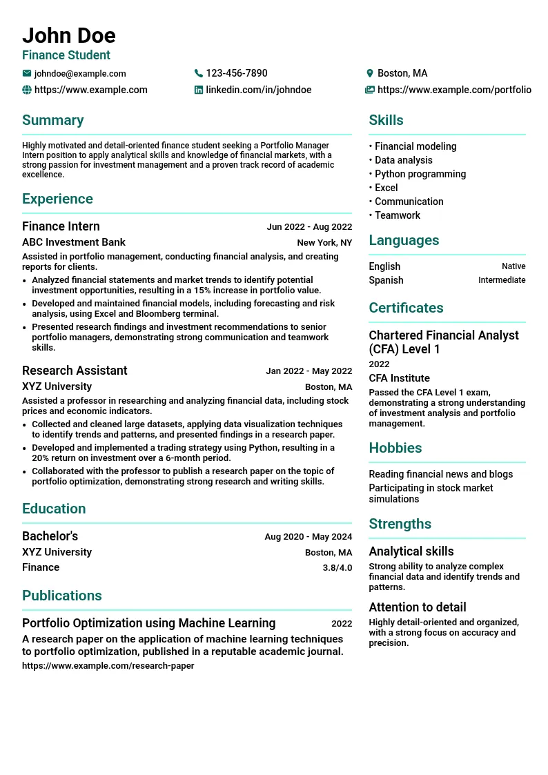Portfolio Manager Intern resume example