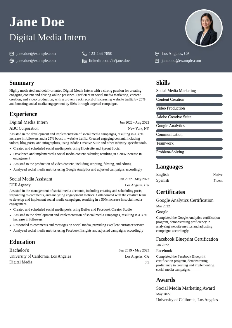 Digital Media Intern resume example
