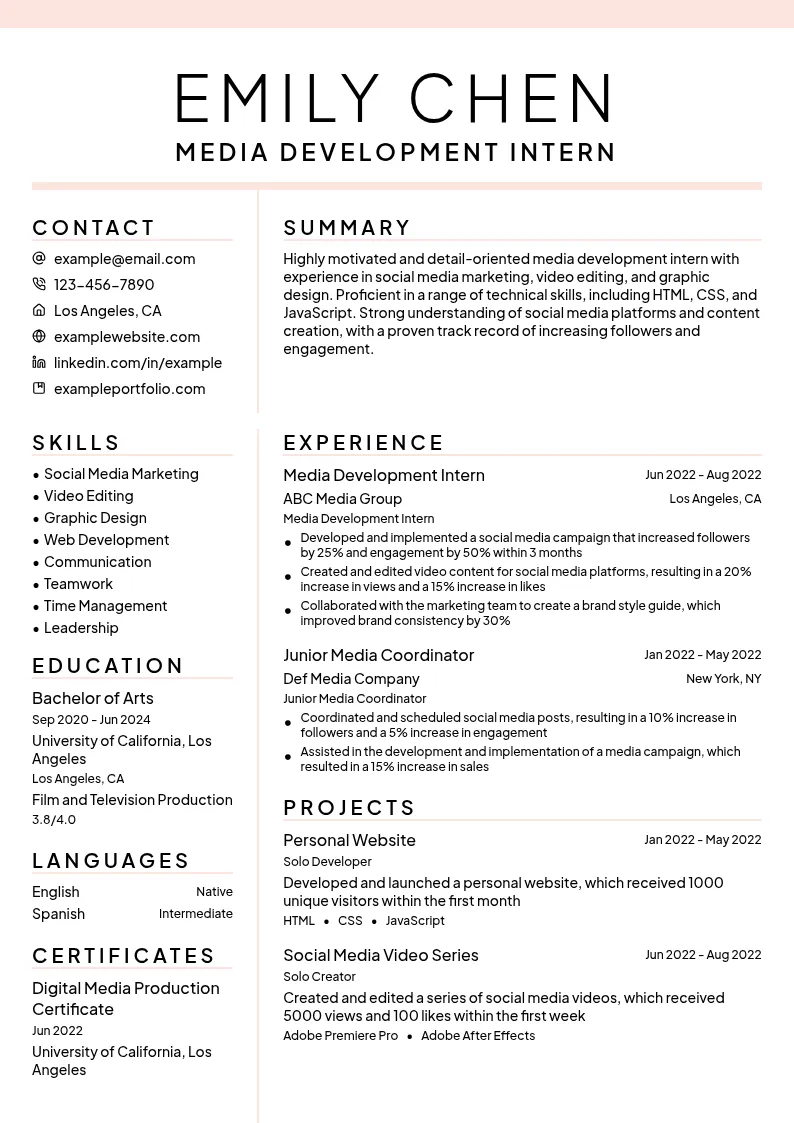 Media Development Intern resume example