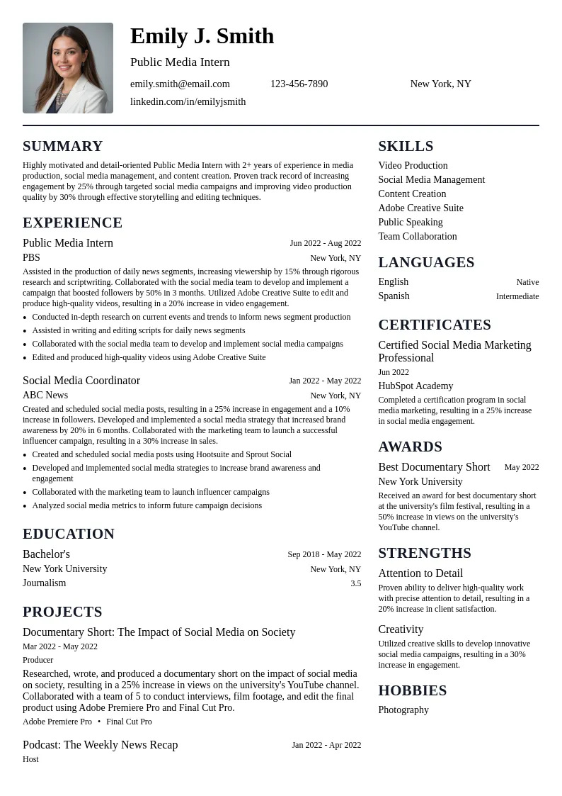 Public Media Intern resume example