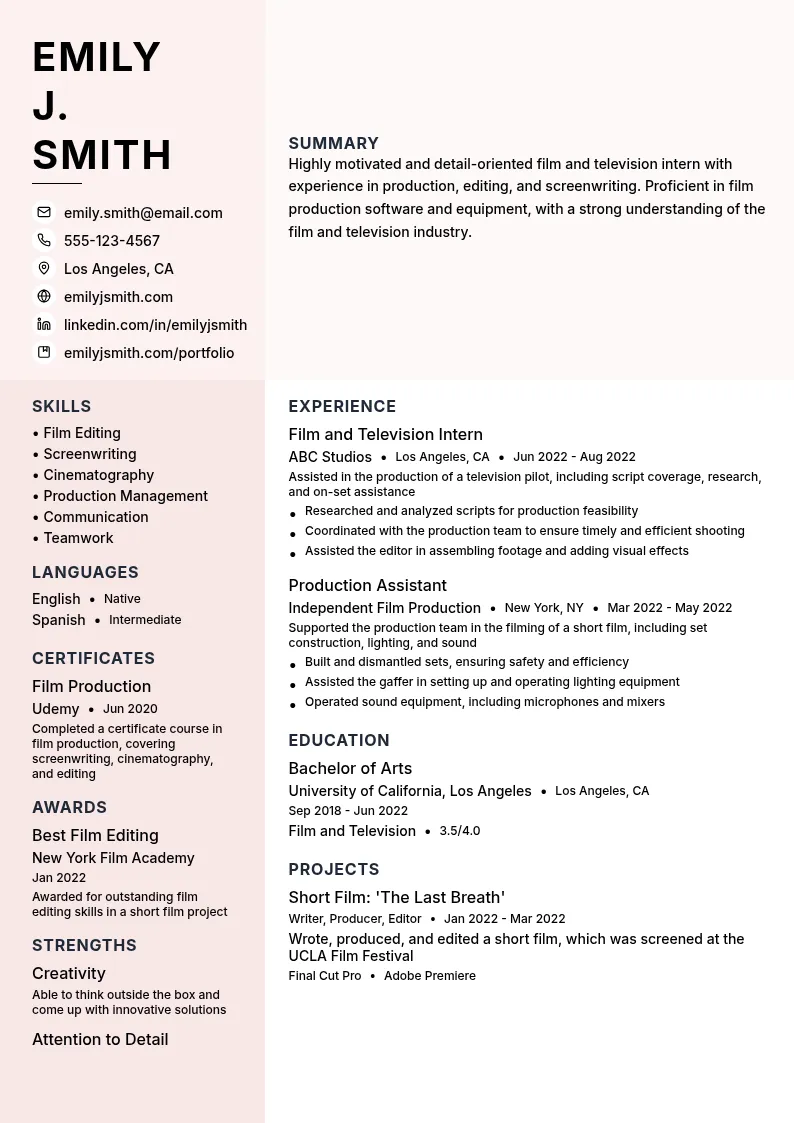 Film and Television Intern resume example