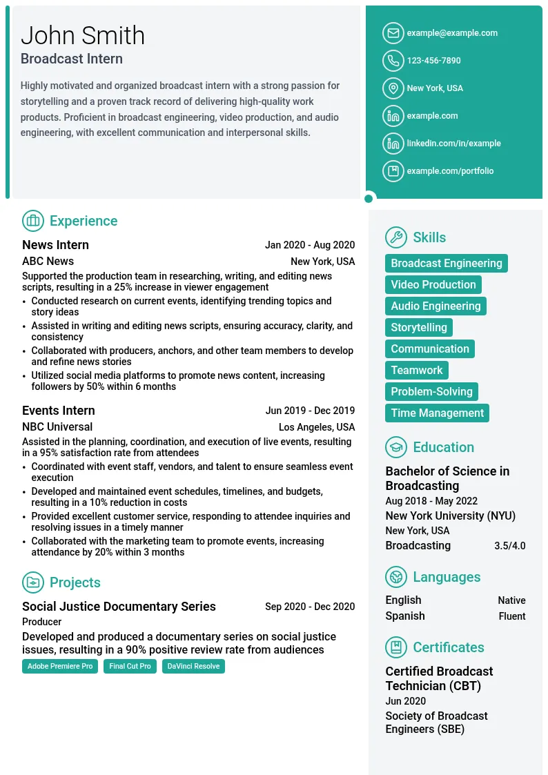 Broadcast Intern resume example