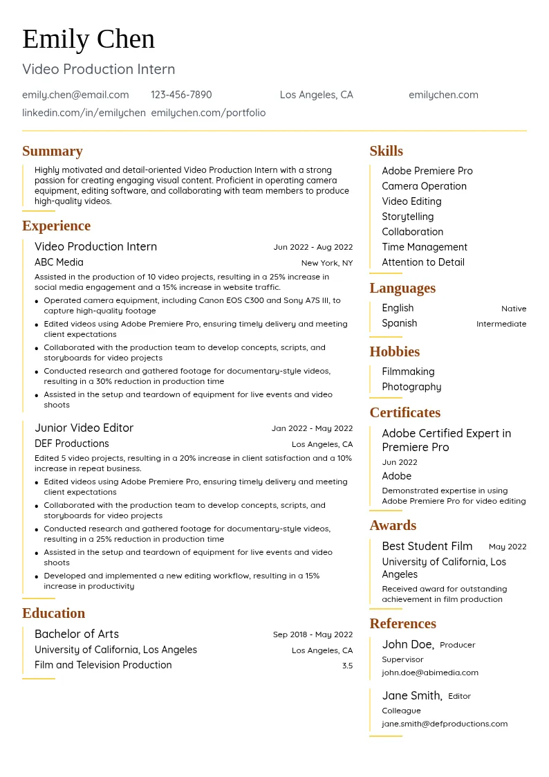 Video Production Intern resume example