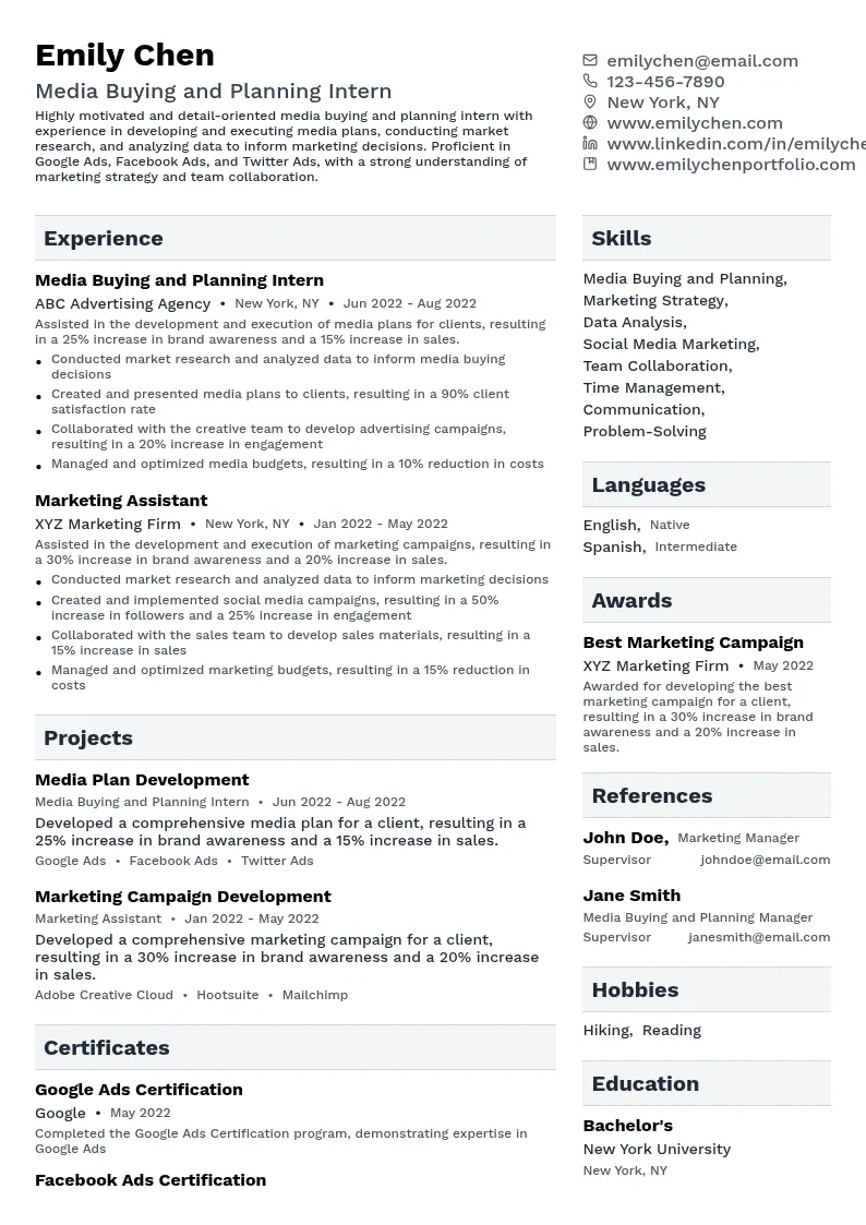 Media Buying and Planning Intern resume example