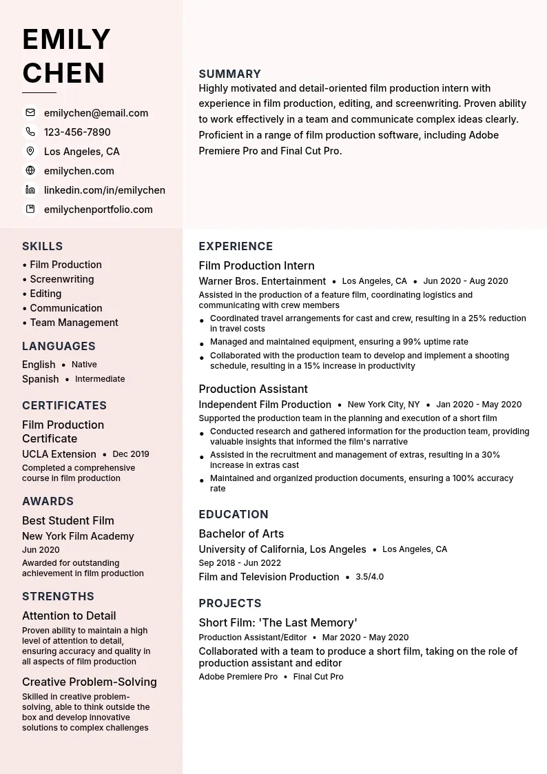Film Production Intern resume example
