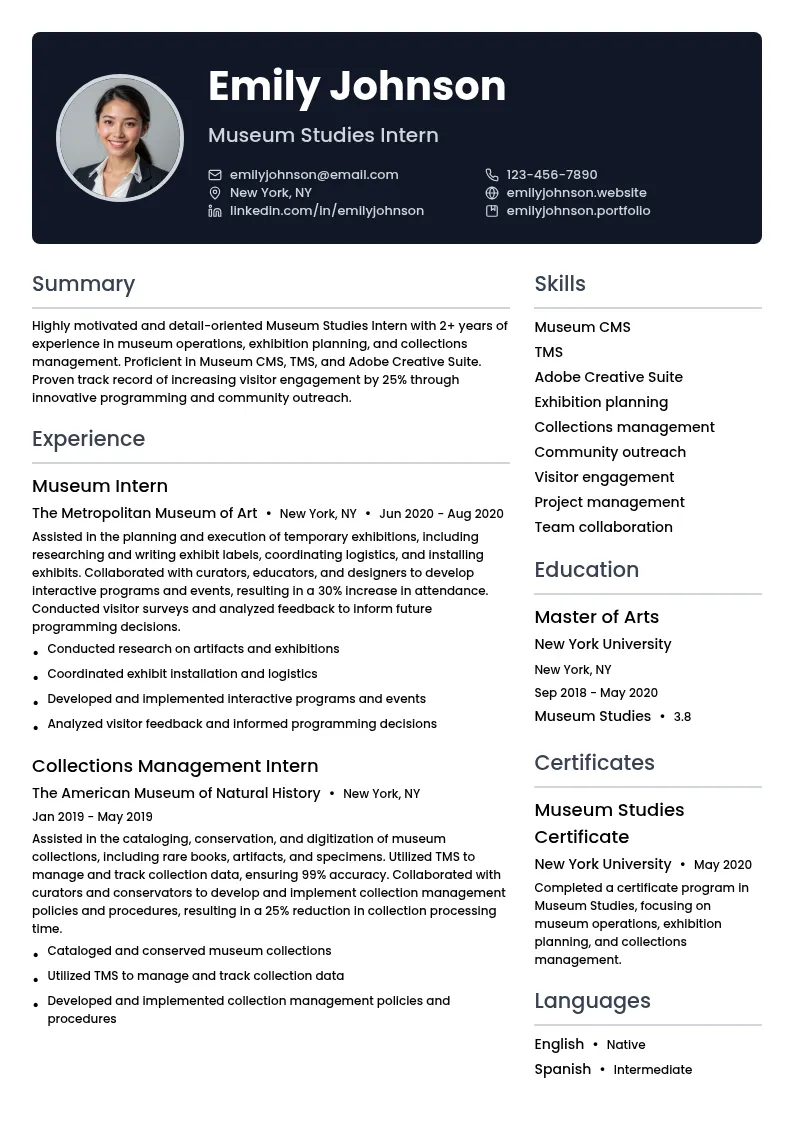 Museum Studies Intern resume example