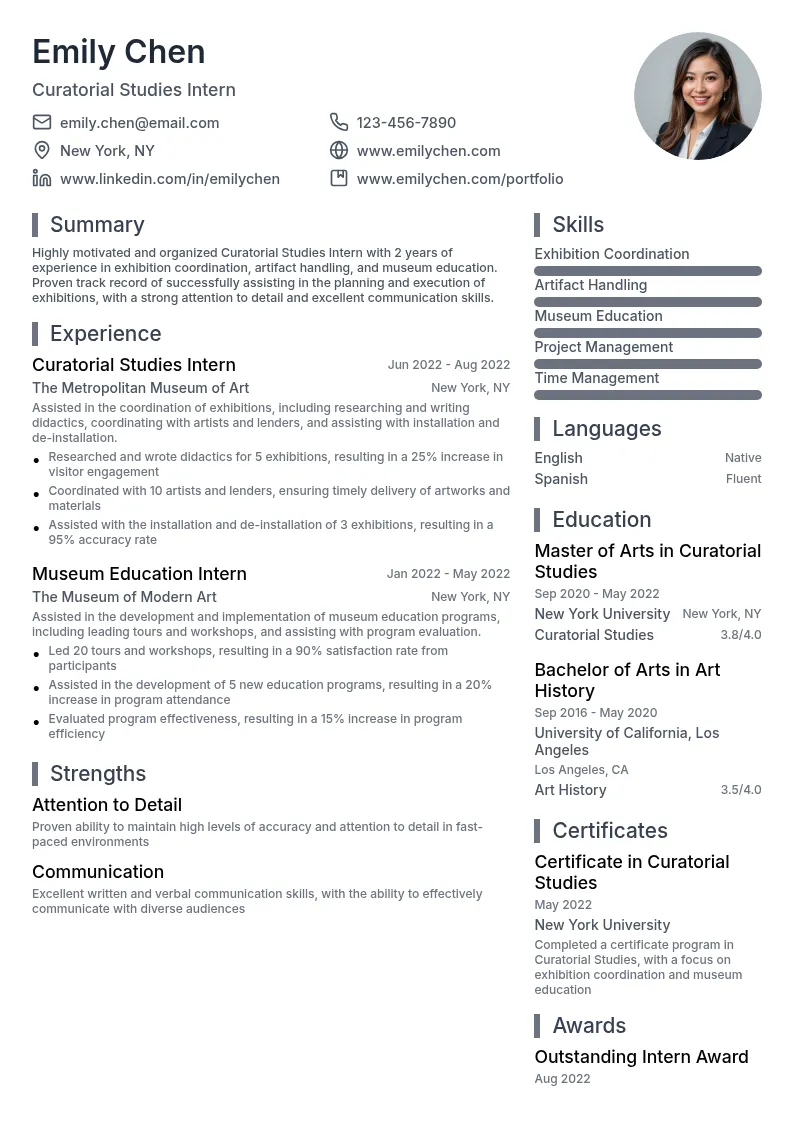 Curatorial Studies Intern resume example