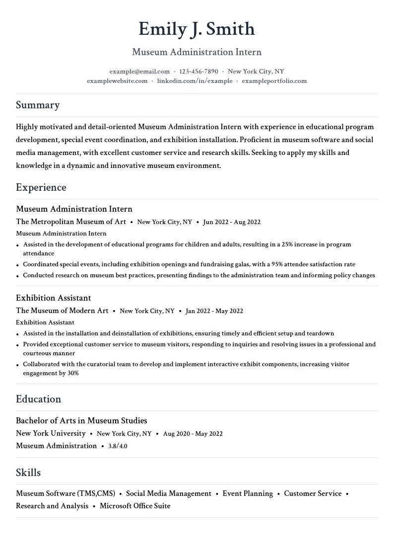 Museum Administration Intern resume example