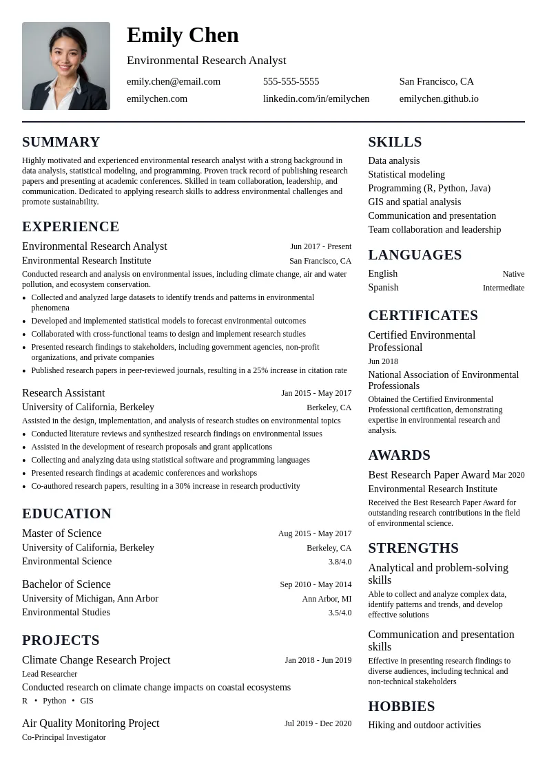 Environmental Research Analyst resume example