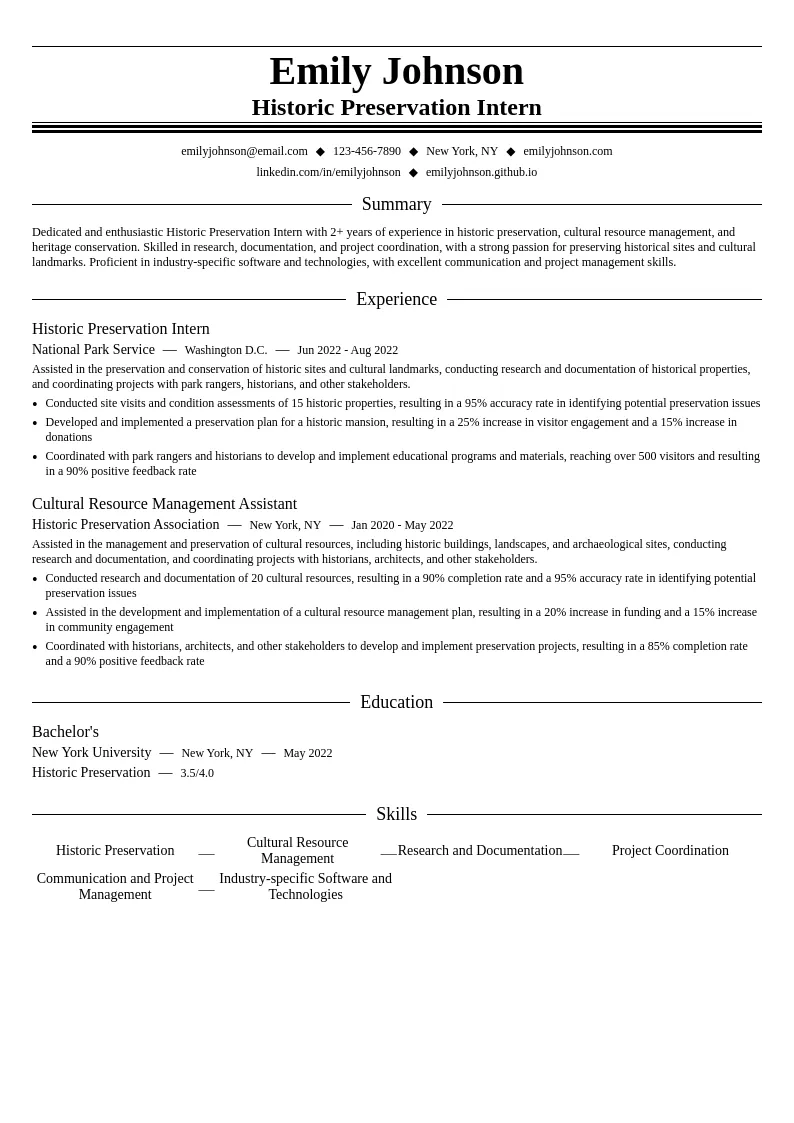 Historic Preservation Intern resume example