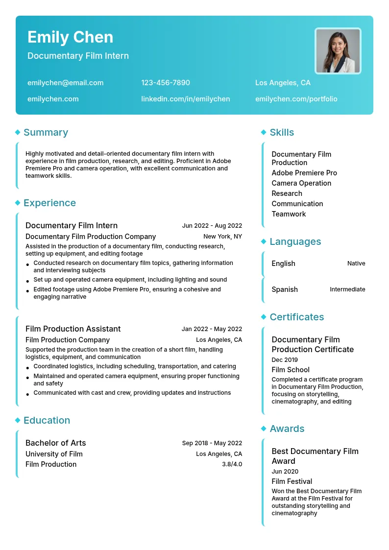 Documentary Film Intern resume example