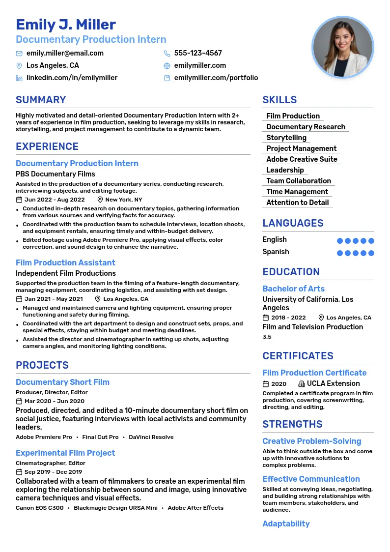 Documentary Production Intern resume example