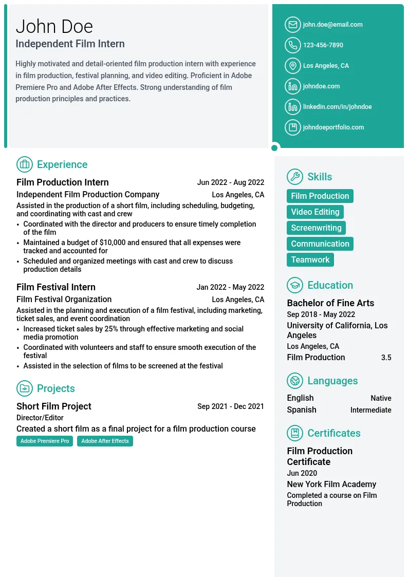 Independent Film Intern resume example