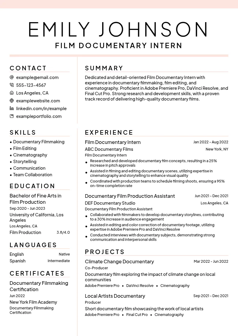 Film Documentary Intern resume example