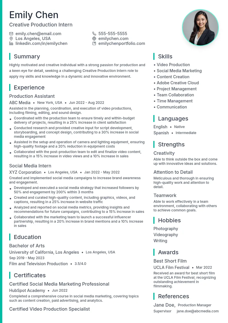 Creative Production Intern resume example
