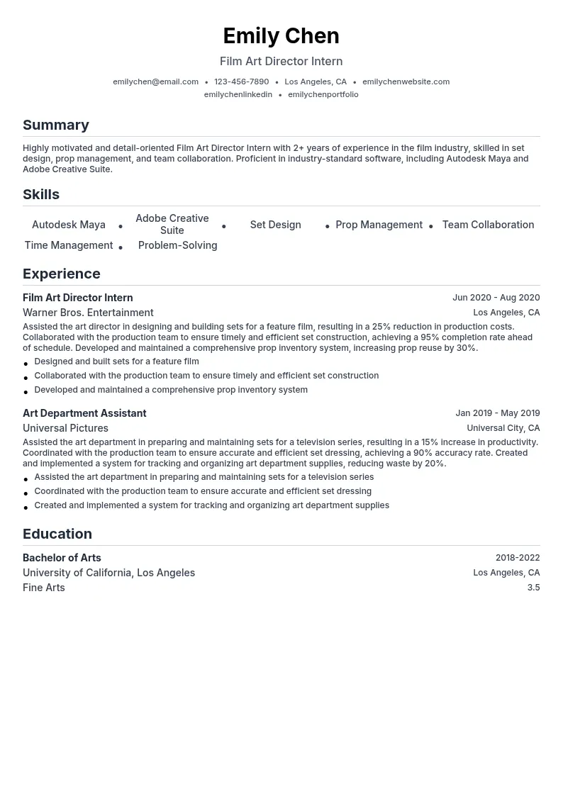 Film Art Director Intern resume example