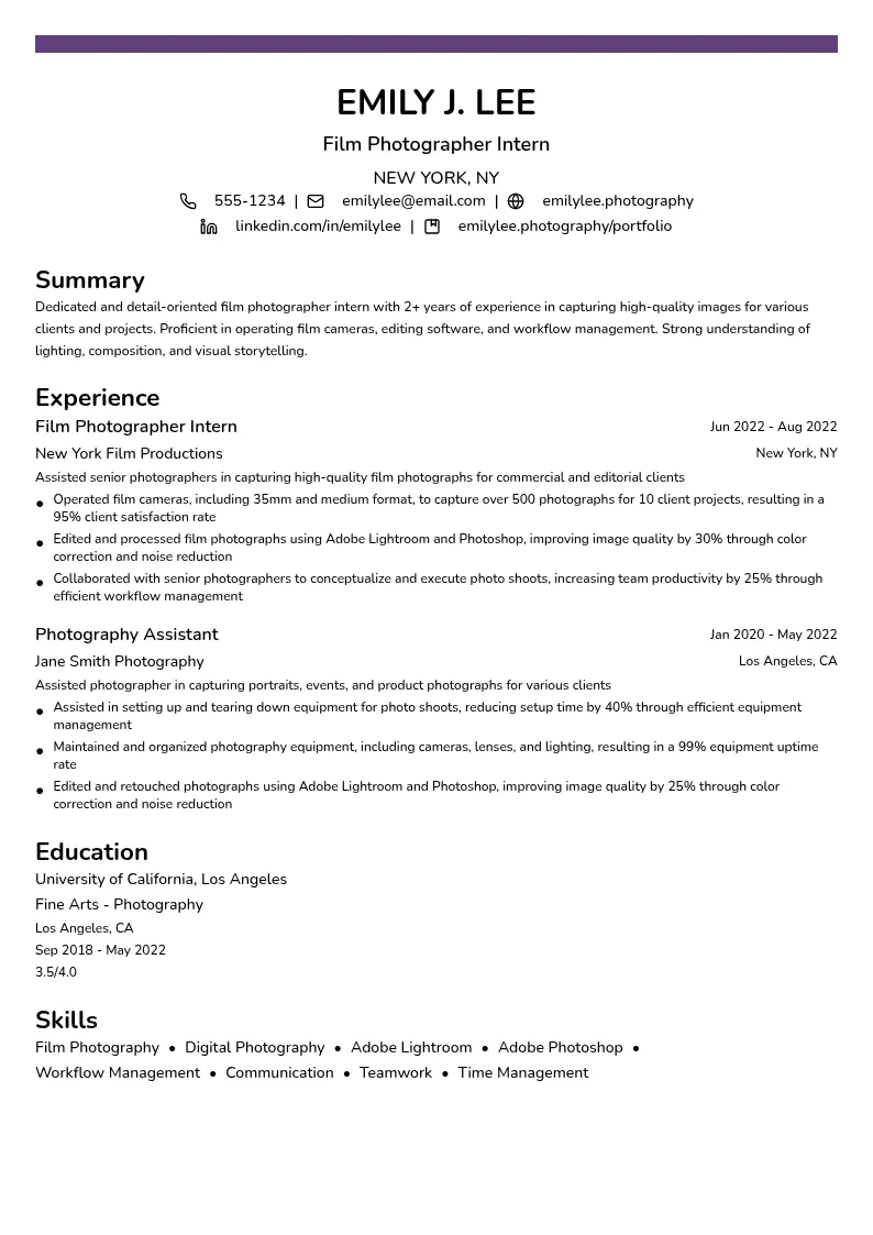 Film Photographer Intern resume example