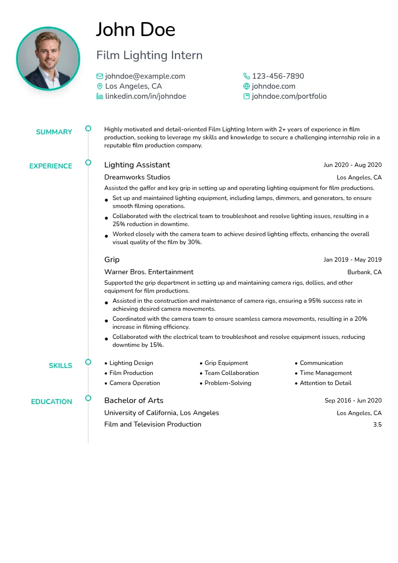 Film Lighting Intern resume example