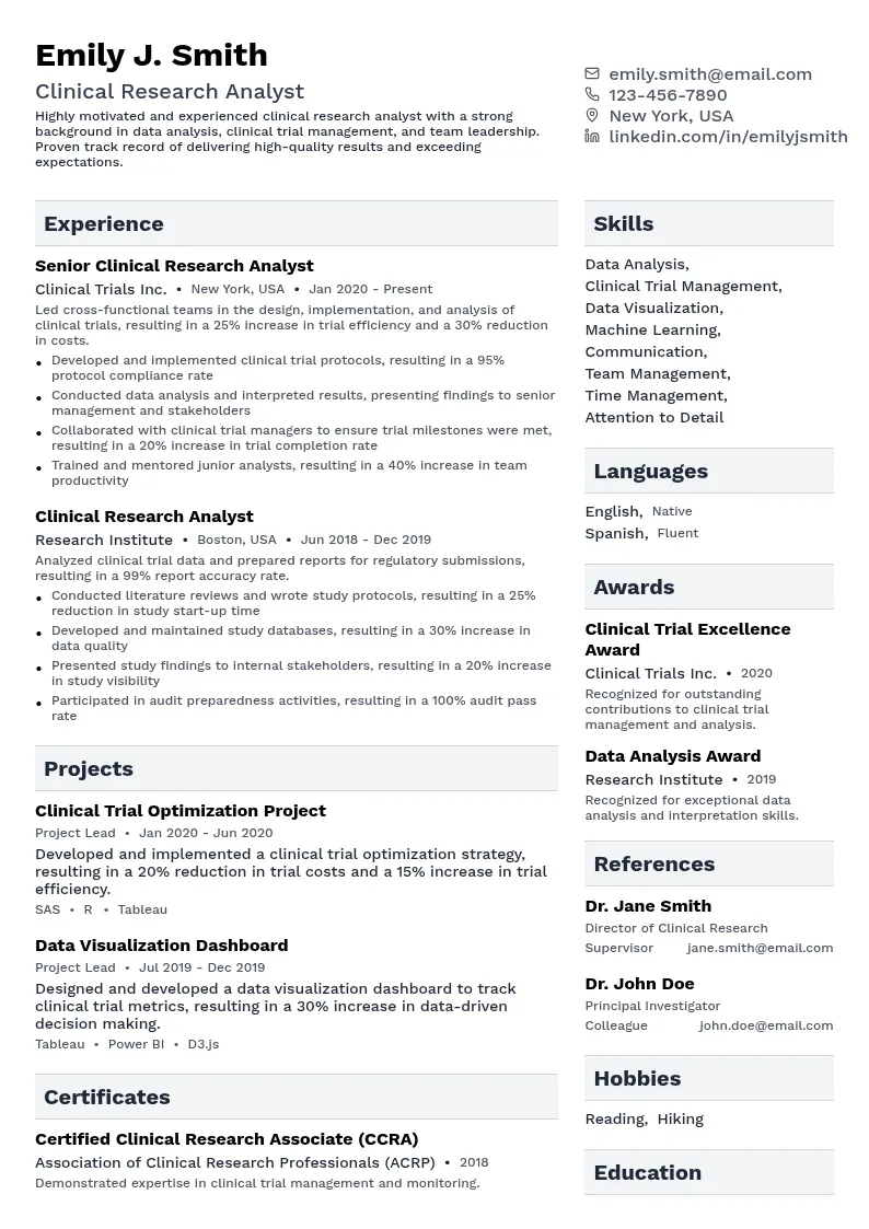 Clinical Research Analyst resume example
