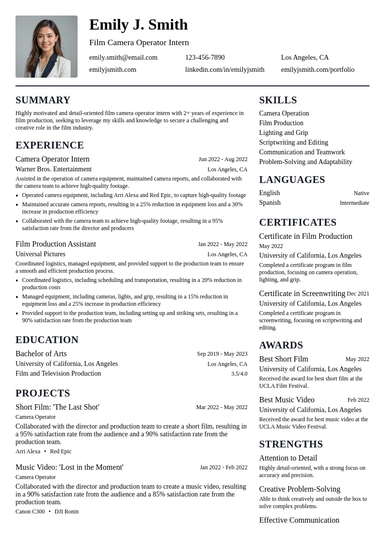 Film Camera Operator Intern resume example