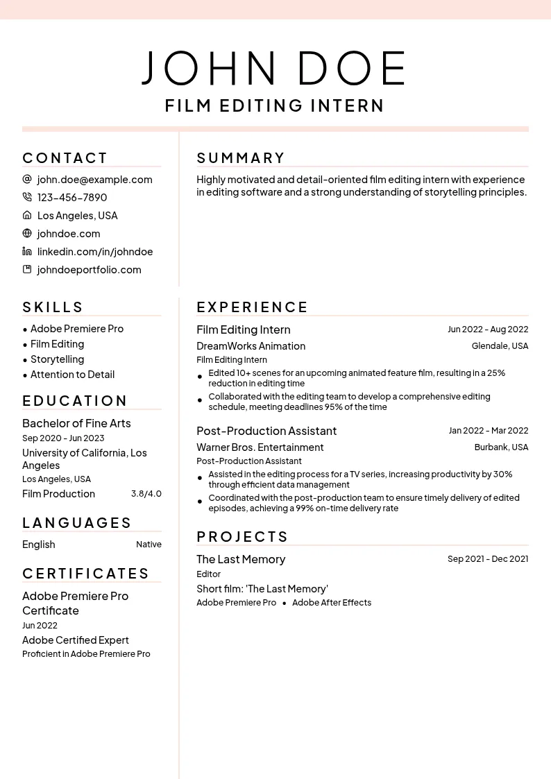 Film Editing Intern resume example