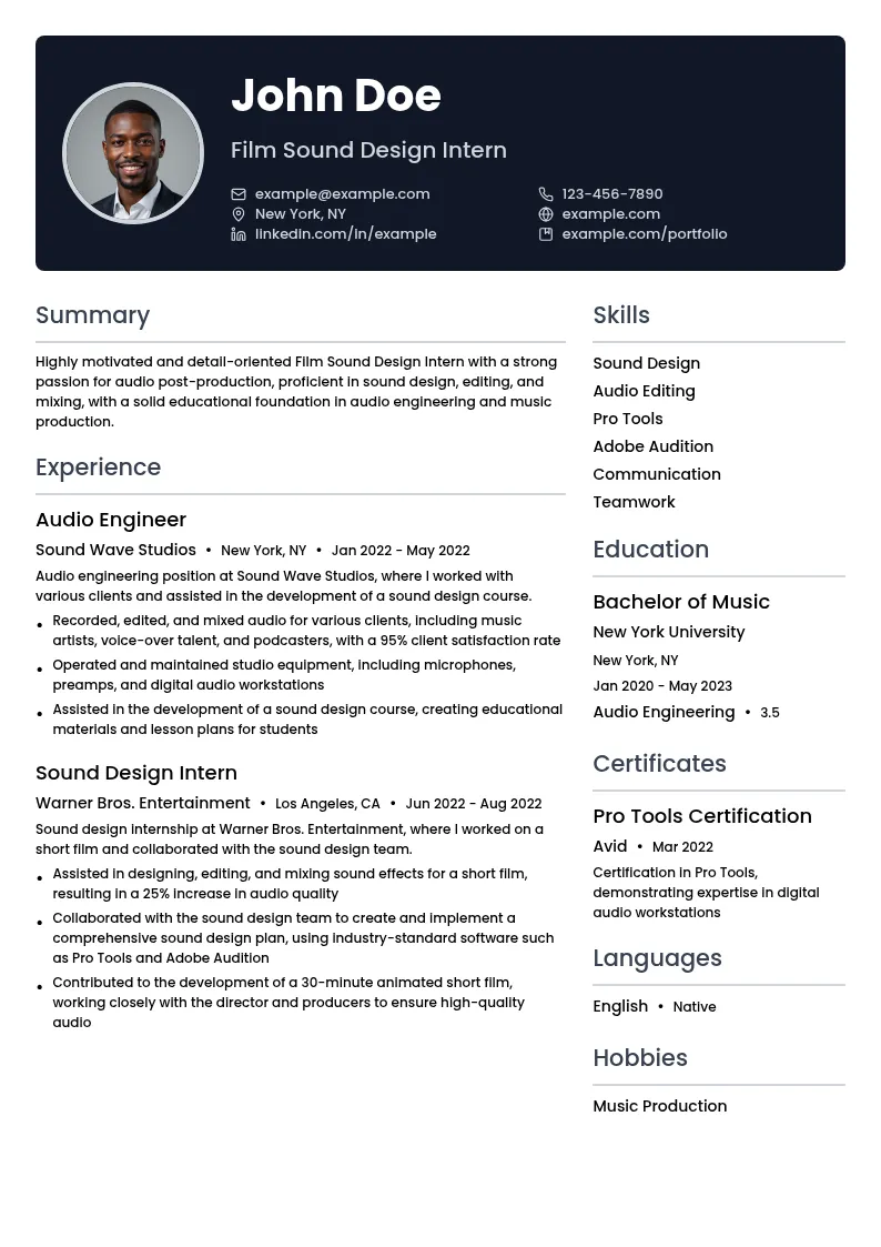 Film Sound Design Intern resume example