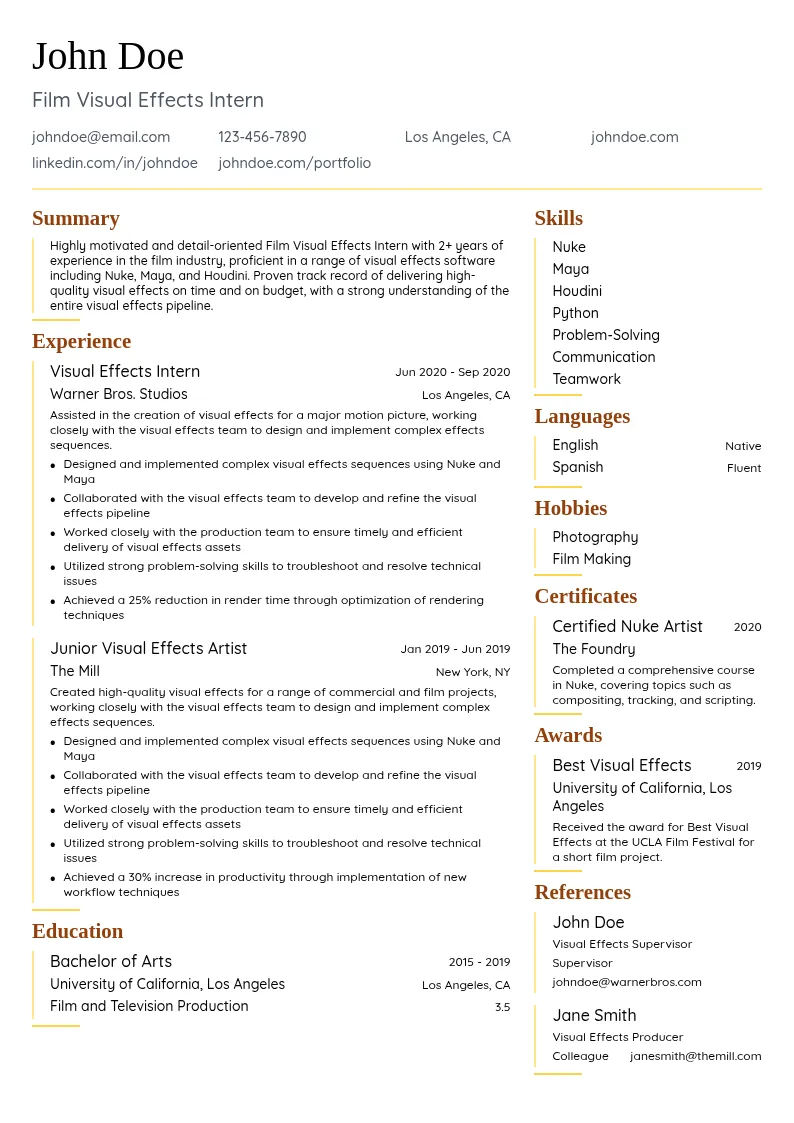 Film Visual Effects Intern resume example