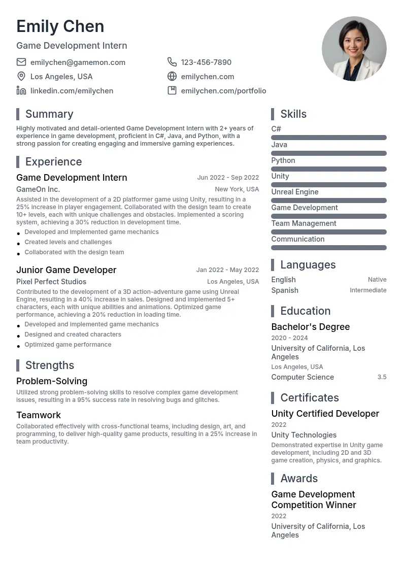 Game Development Intern resume example