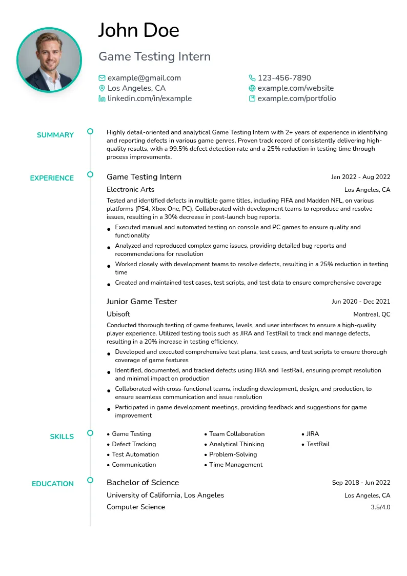 Game Testing Intern resume example