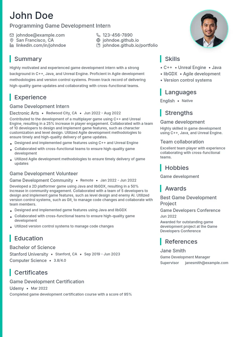 Programming Game Development Intern resume example