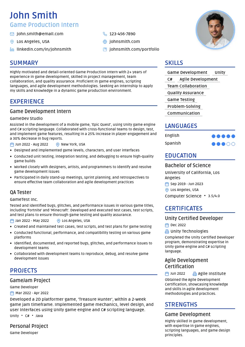 Game Production Intern resume example