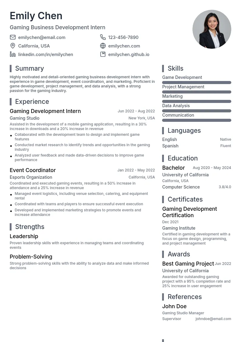 Gaming Business Development Intern resume example