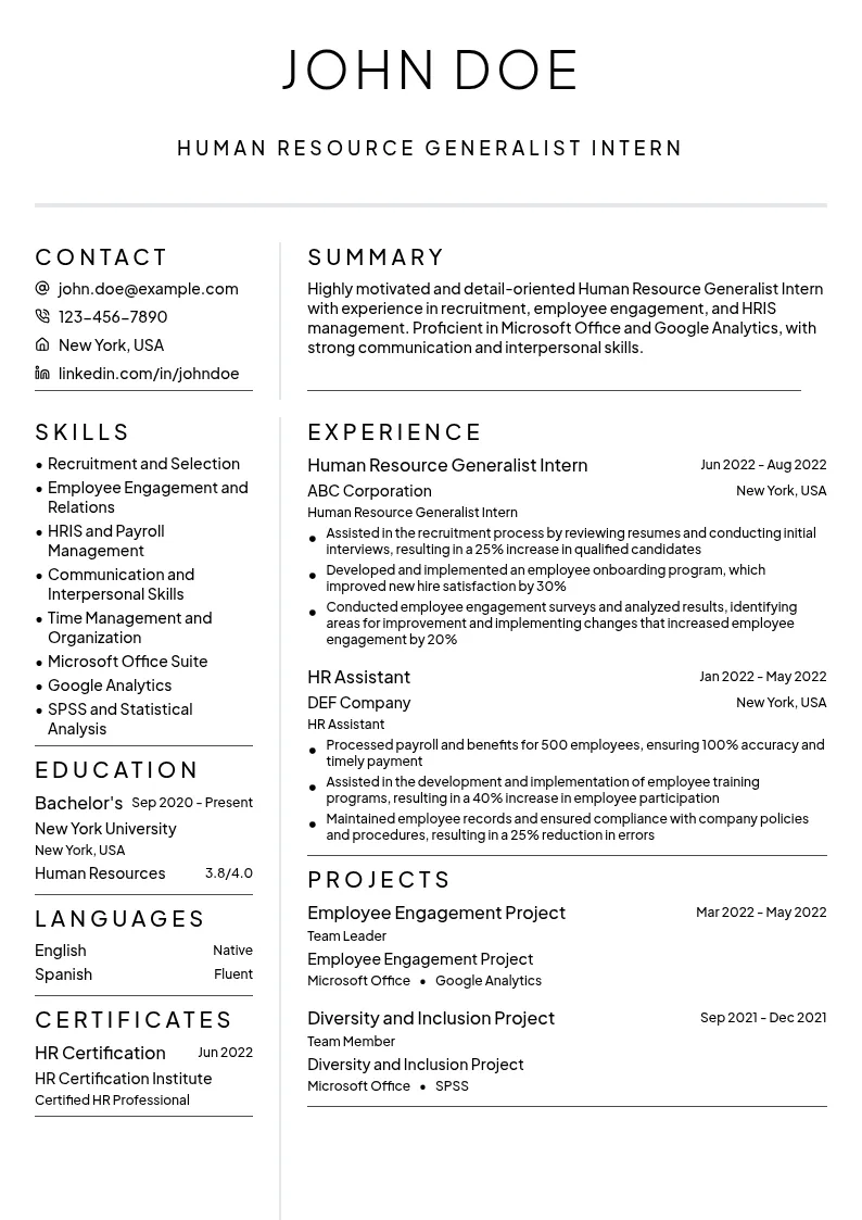 Human Resource Generalist Intern resume example