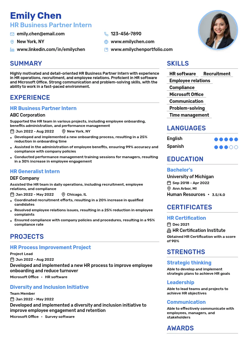 Human Resource Business Partner Intern resume example