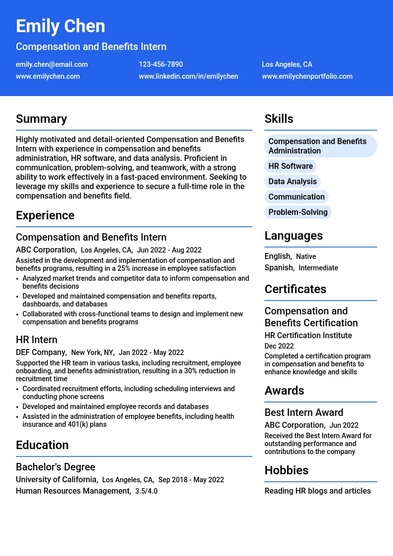 Compensation and Benefits Intern resume example