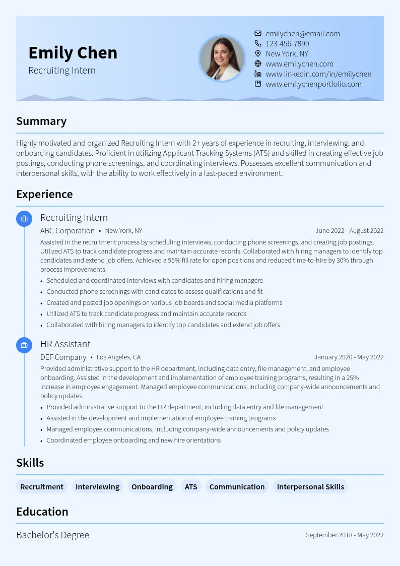 Recruiting Intern resume example