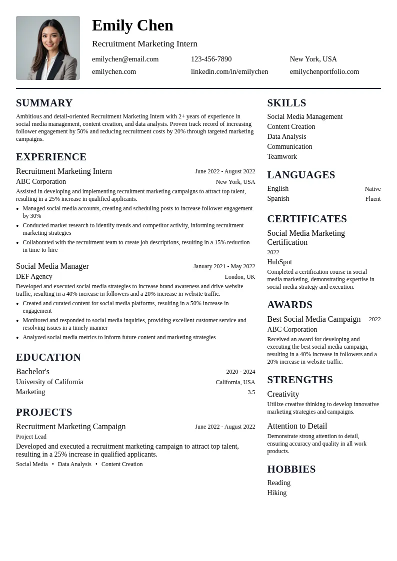 Recruitment Marketing Intern resume example