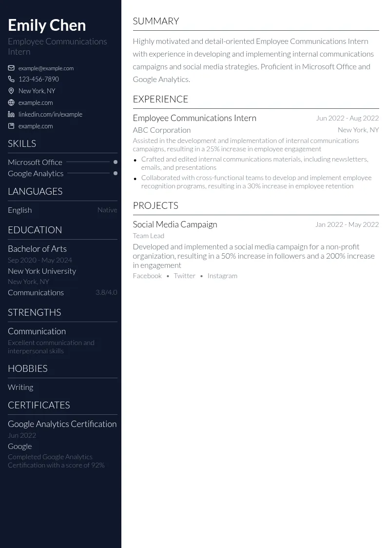 Employee Communications Intern resume example
