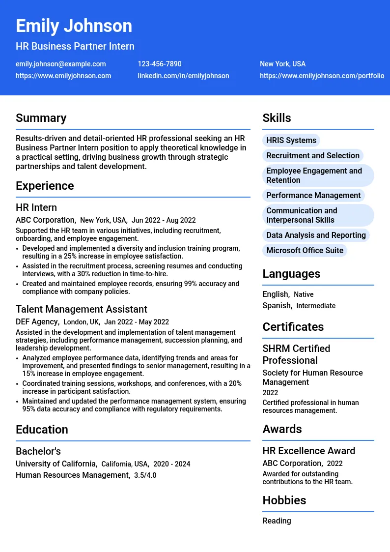 HR Business Partner Intern resume example