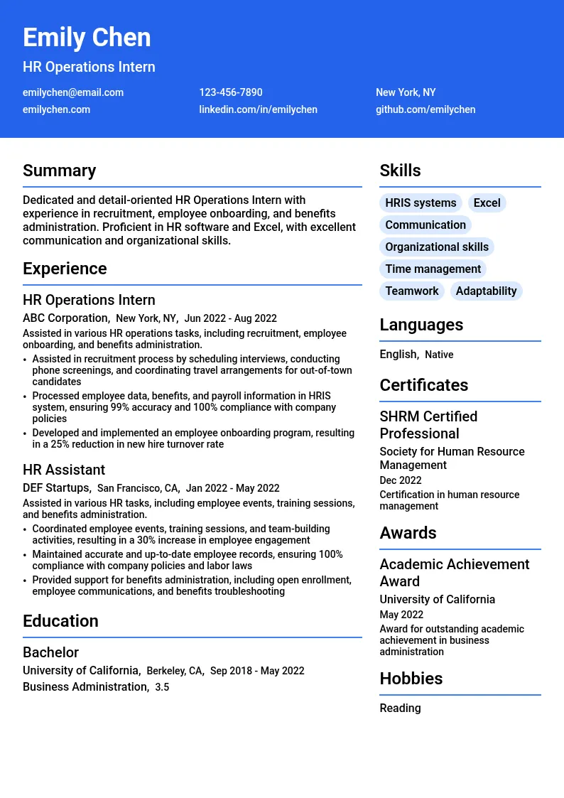 HR Operations Intern resume example