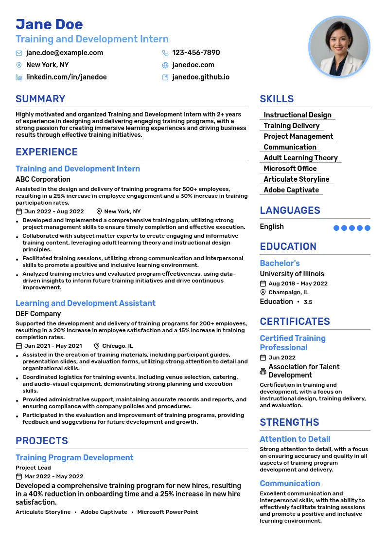 Training and Development Intern resume example