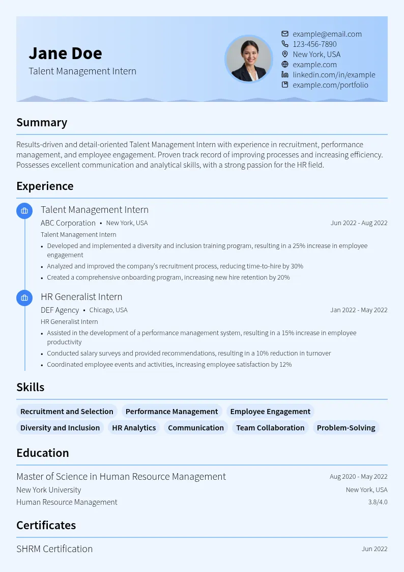 Talent Management Intern resume example