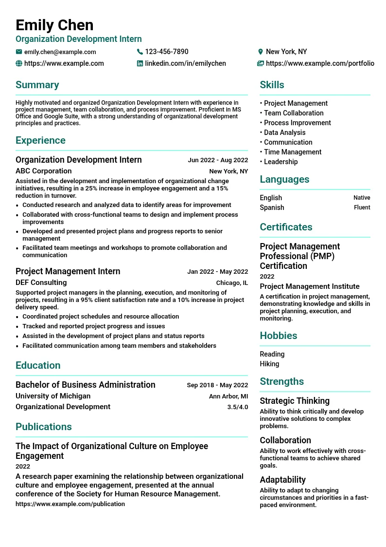 Organization Development Intern resume example