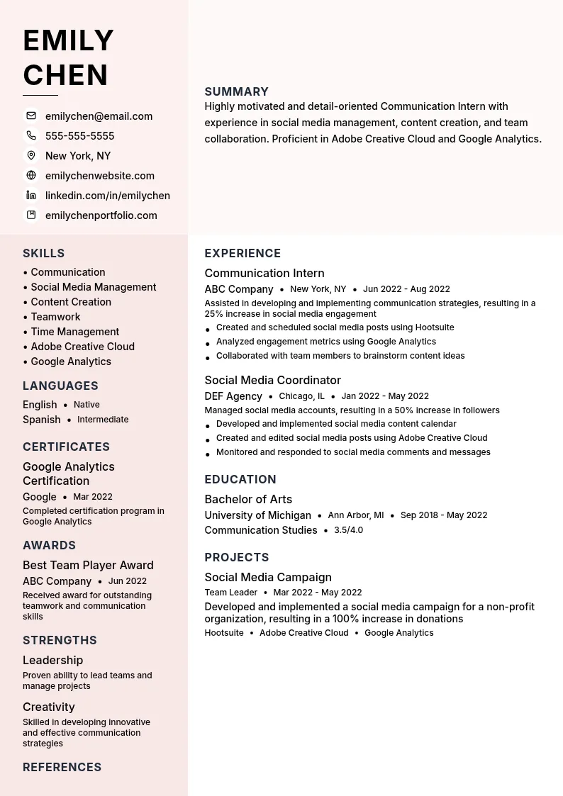 Communication Intern resume example