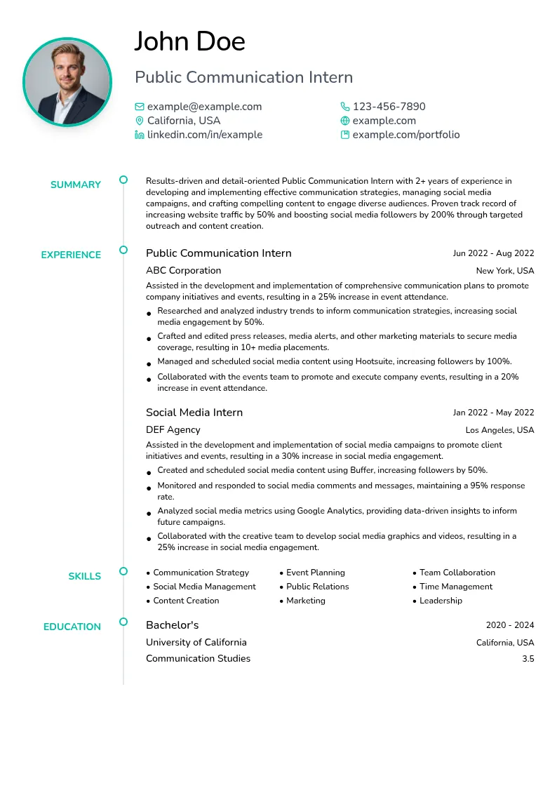 Public Communication Intern resume example