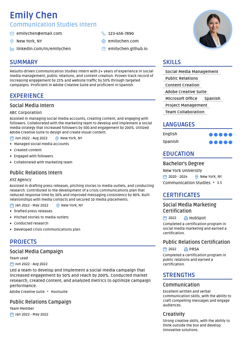 Communication Studies Intern resume example