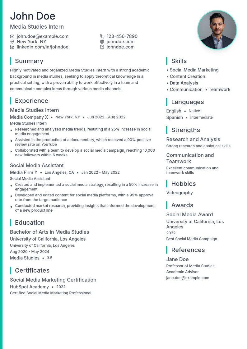 Media Studies Intern resume example