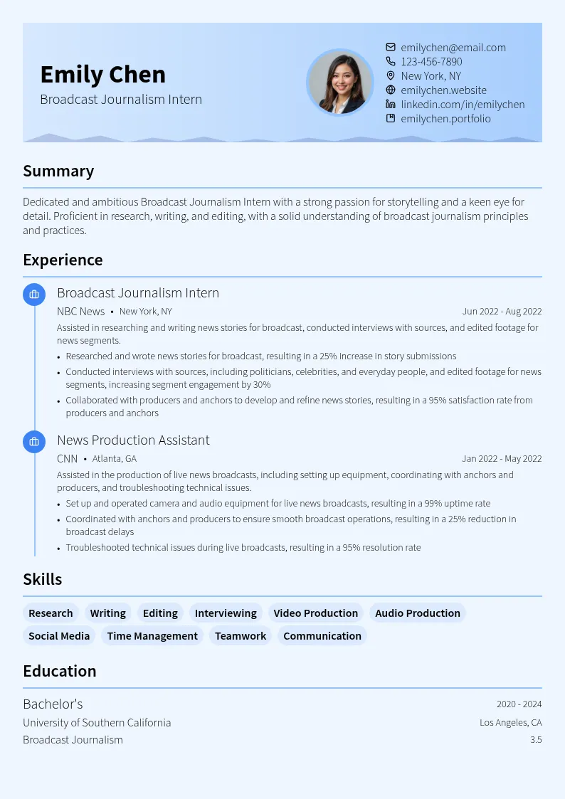 Broadcast Journalism Intern resume example